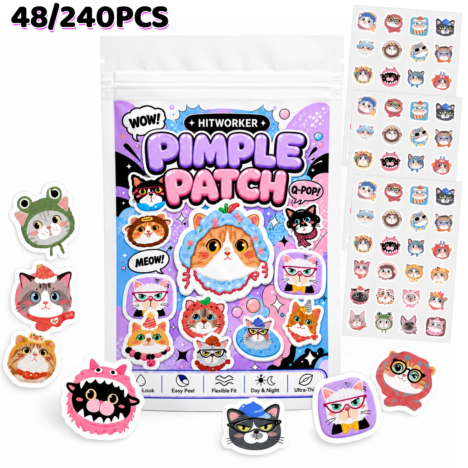 48/240pcs Cute Cat Hydrocolloi - Skincare Routine ulasan dan harga